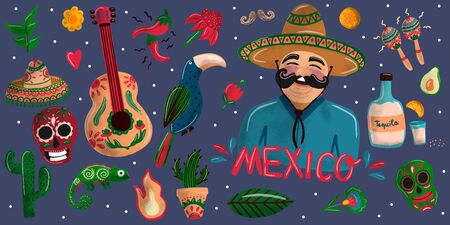Mexico in american style on colorful background. Holiday decoration. City skyline vector illustration. Urban landscape. Vector icon. Blue sky. Vector design.のイラスト素材