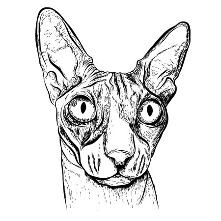 Realistic sketch cat. Sphynx breed. Realistic sketch flower. Tulip. Print for t-shirt, cover. For your use. For your use.のイラスト素材