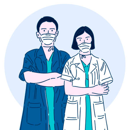 Professional doctor in a medical mask. Superhero. Medical worker. Vector illustration in modern linear style.のイラスト素材