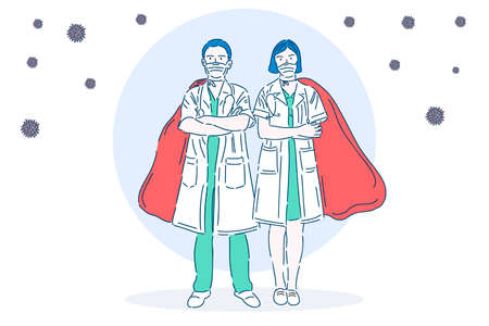 Professional doctor in a medical mask. Superhero. Medical worker. Vector illustration in modern linear style.のイラスト素材