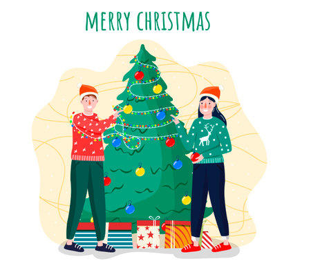 Happy people. Christmas party. Flat christmas card. Holiday winter design. Vector flat design. Christmas background.のイラスト素材