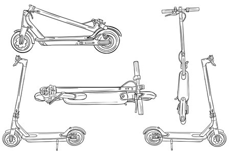 Electric scooter sketch set. Modern transport. Ecologically pure. Active lifestyle. Different angle. Hand drawn modern illustration for your postcards, banners.のイラスト素材