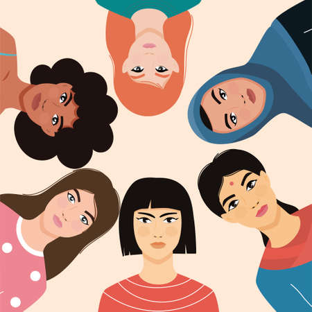 Women of different nationalities. International Women's Day. March 8. Feminism. Girls of Asian, European, African nationality. Modern flat style. For your design.のイラスト素材