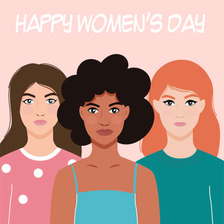 Women of different nationalities. International Women's Day. March 8. Feminism. Girls of Asian, European, African nationality. Modern flat style. For your design.のイラスト素材