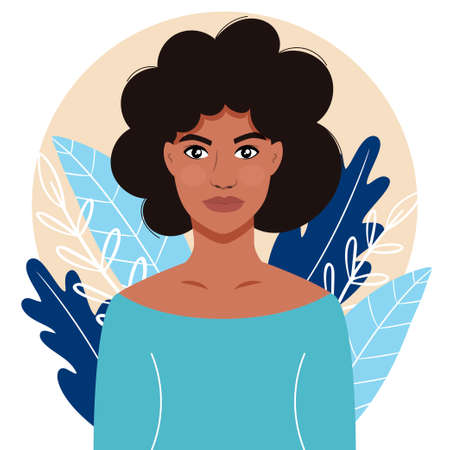Portrait of a beautiful black woman. Young African girl on a background of leaves. Hard character in modern flat style.のイラスト素材