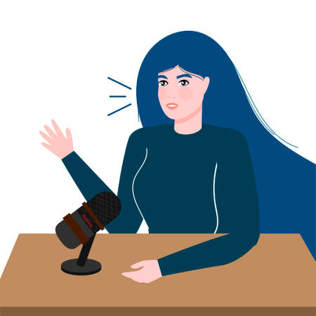 A young woman is hosting a podcast. Online conversation. Leading. Vector illustration in a modern style. For your design.のイラスト素材