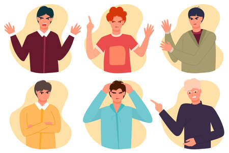 Seth young guys express the emotion of anger, rage. resentment, disappointment. Vector illustration in modern flat style. Isolated on white background.のイラスト素材