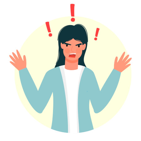 Outraged angry girl in flat modern style. Isolated on white background. Experiencing negative emotions. Anger. Disappointment. For your design.のイラスト素材