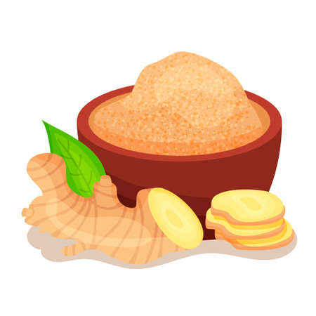 Vector icon in flat style. Ginger. Fragrant seasoning. Fresh root vegetables, sprinkling seasoning, flower. Natural and healthy food. For strengthening immunity. For your design.のイラスト素材