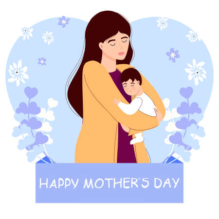 White young mom is holding the baby. This is a boy. Mothers Day. Greeting card. For your design.のイラスト素材