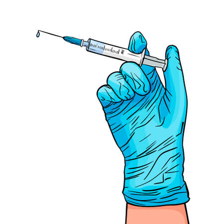 Sketch. A hand in a glove holds a syringe with a vaccine. Covid-19. Vaccination against caronovirus. Vector illustration in a modern style.のイラスト素材
