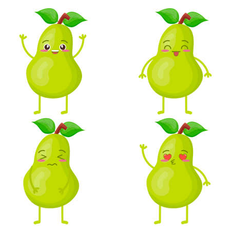 Cute kawaii character pear. Emotions. The fruit. Set. Isolated on white background.のイラスト素材