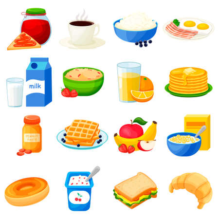breakfasts. Big set of flat icons. Isolated over white background. Healthy breakfast. For your design.のイラスト素材