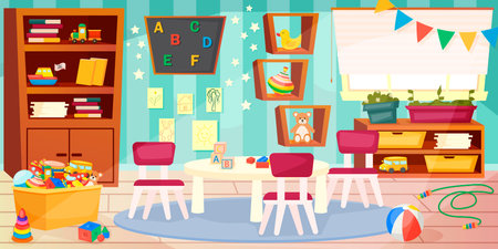 Kindergarten. Childrens room interior. Educational toys, table, chalk board. Playroom. Vector illustration in modern cartoon style.のイラスト素材