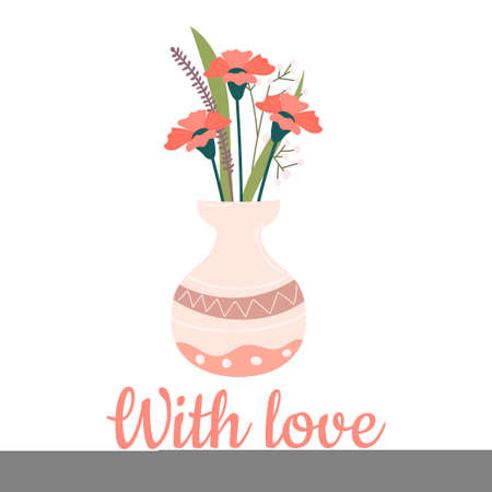 Beautiful blooming flower in a vase and jars. Isolated on white background. Decorative element for floral designs. Vector illustration in a flat style.のイラスト素材