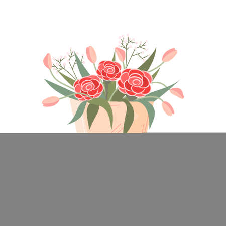 Beautiful blooming flower in a vase and jars. Isolated on white background. Decorative element for floral designs. Vector illustration in a flat style.のイラスト素材
