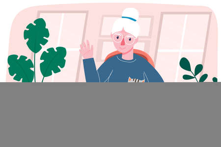 Happy grandmother at the laptop. Video call. Modern technology. Insulation. In a modern flat style.のイラスト素材