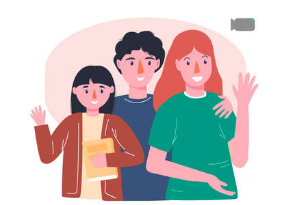 A young family is talking by video link. Online communication. Video call. Modern technologies. For your design.のイラスト素材