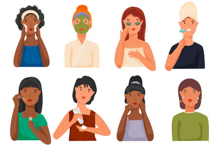 Set. Young girls take care of their skin. Mask for the face. Spa. Cosmetics. Daily care. For your designのイラスト素材