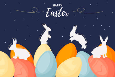 Banner Happy Easter. Modern vector holiday design with typography. Easter Bunny. Painted eggs....