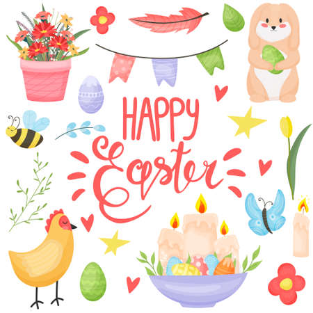 Set of Easter decorative elements. Easter. Flowers, rabbit, colored eggs, Easter cake, cute insects. Vector set suitable for greeting cards.のイラスト素材