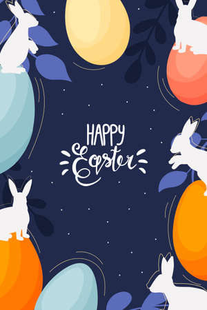 Banner Happy Easter. Modern vector holiday design with typography. Easter Bunny. Painted eggs. Modern minimalist style.のイラスト素材