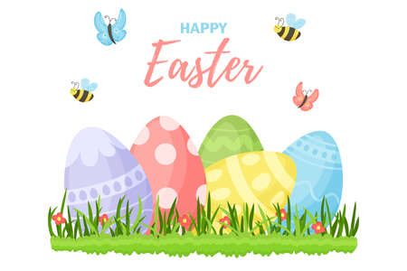 Set of Easter decorative elements. Easter. Flowers, rabbit, colored eggs, Easter cake, cute insects. Vector set suitable for greeting cards.のイラスト素材