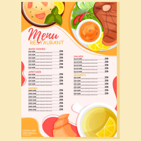Restaurant menu. Image of cooked meals. Steak and fish soup. Modern vector illustration for cafes and restaurants.のイラスト素材