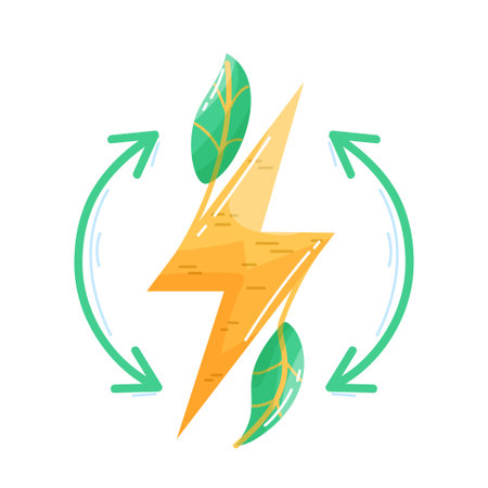 eco. Ecological icon. Lightning sign. Green leaf. Flat style. Green energy. Clean planet.のイラスト素材