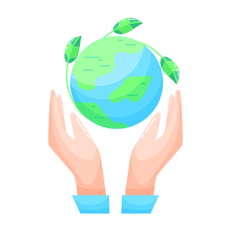 eco. Ecological icon. Earth. Hands holding the planet. Flat style. Green energy. Clean planet.のイラスト素材