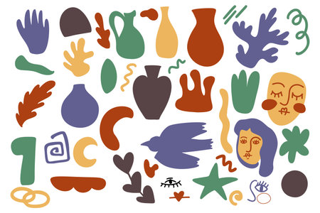 Set of abstract figures. Vase, womens face. Boho style. Old. For your design.のイラスト素材