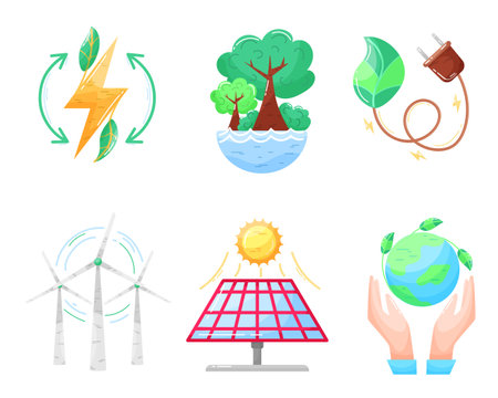 Eco icons set. Ecological icon. Green energy. Solar panels. Flat style. Green energy. Clean planet.のイラスト素材