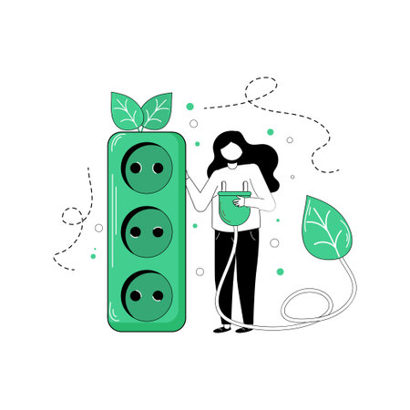 Ecology. The characters develop the concept of green energy. Green sustainable development illustration. The concept of green electricity and energy saving. Vector illustration.のイラスト素材