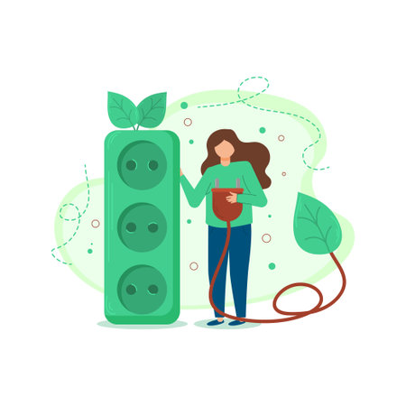 Ecology. The characters develop the concept of green energy. Green sustainable development illustration. The concept of green electricity and energy saving. Vector illustration.のイラスト素材