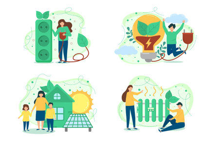 Ecology. The characters develop the concept of green energy. Green sustainable development illustration. The concept of green electricity and energy saving. Vector illustration.のイラスト素材