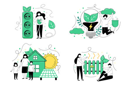 Ecology. The characters develop the concept of green energy. Green sustainable development illustration. The concept of green electricity and energy saving. Vector illustration.のイラスト素材