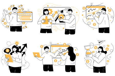 Set business. Young businessman. Concept design. Icon. A man is engaged in a business idea. Plan. Money.のイラスト素材