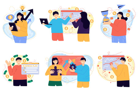 Set business. Young businessman. Concept design. Icon. A man is engaged in a business idea. Plan. Money.のイラスト素材