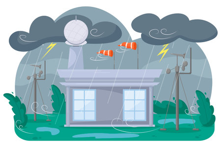 Weather station during bad weather. Climate. Rain. Bad weather conditions.のイラスト素材