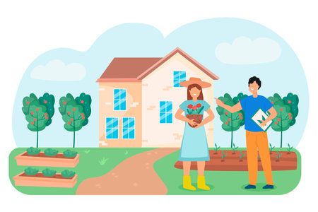 The family is planning a garden. Husband and wife gardeners. Environmentally friendly products. Agriculture.のイラスト素材