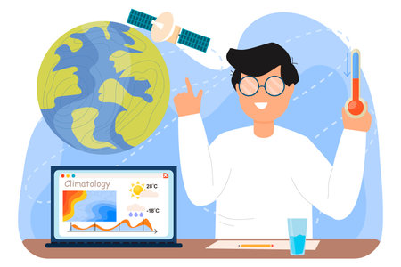 A teenager is studying the science of climate. Climotic changes. Climatology. Global sinking. Forest fires.のイラスト素材