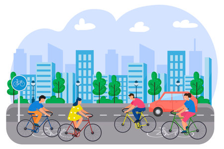 Environmentally friendly city. Bike Lane. People ride bicycles.のイラスト素材