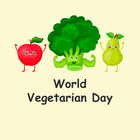 World Vegetarian Day. Holiday. Poster with vegetables and fruits. For your design.のイラスト素材