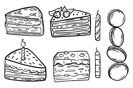 Set piece of sliced cake. Macarons. Birthday. isolated object. Doodle styleのイラスト素材