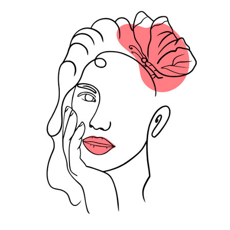 One line. Girl in modern style. Hand drawing. Interior. For your design.のイラスト素材