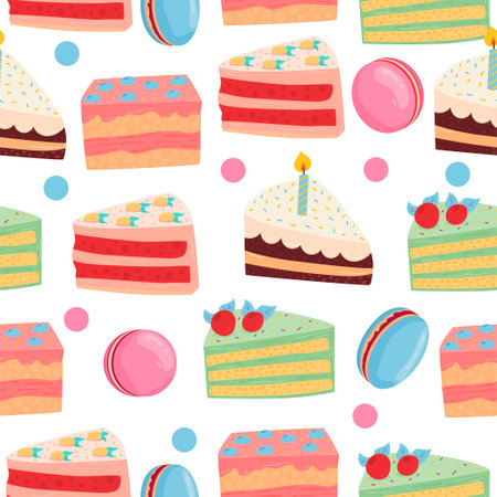 Seamless pattern. Cake. A piece of cake with a candle. Cake set isolated on white background. For...