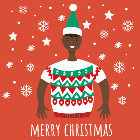 A man in a Christmas sweater. Merry Christmas. New Year background. For printing on postcards and other printed materials. Holiday.のイラスト素材