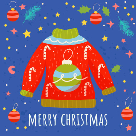 Christmas sweater. Cute flat style. Postcard. Merry Christmas. Vector illustration.のイラスト素材