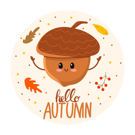 Acorn. Cute character. Kawaii. Hello, Autumn. For printing on postcards and other uses.のイラスト素材