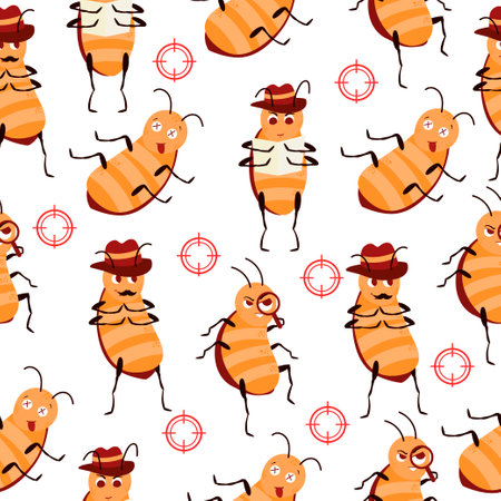 Seamless pattern with cute cockroach character. Insect spy. For printing on textiles, postcards.Vector illustration.のイラスト素材